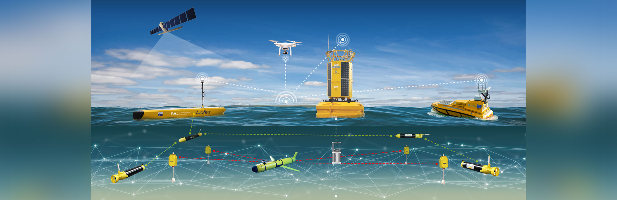 Digital illustration showing sea surface and below surface vessels and elements that make up the smart sound such as a drone, satellite, vessels and underwater gliders