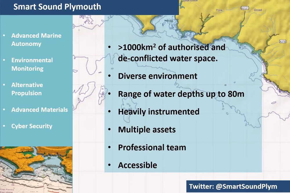 Screenshot of the webinar showing a map and bullet list of information about Smart sound plymouth